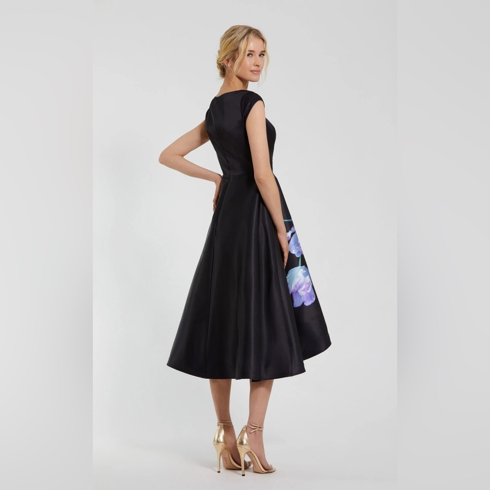 MAC DUGGAL
Black Satin Cap Sleeve Midi Dress With Floral Print Wedding Guest - Picture 3 of 3